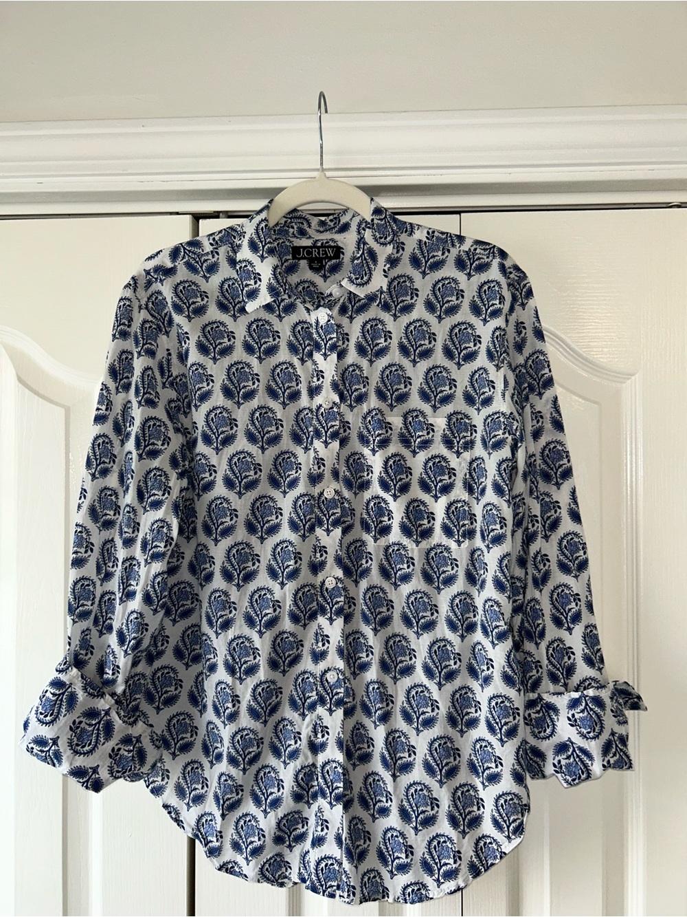 J. Crew White Button-Front Shirt with Blue Floral Medallion Print